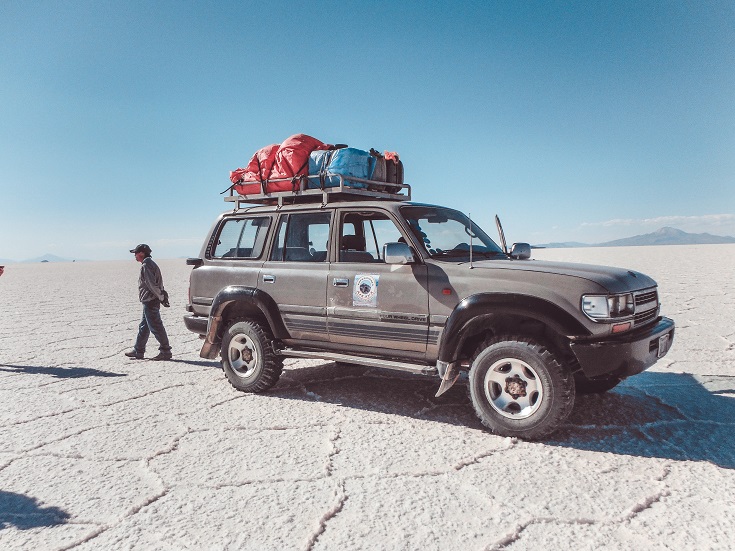 jeep on the bolivian salt flats