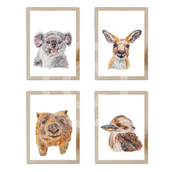 4 paintings of koala, kangaroo, wombat and kookaburra