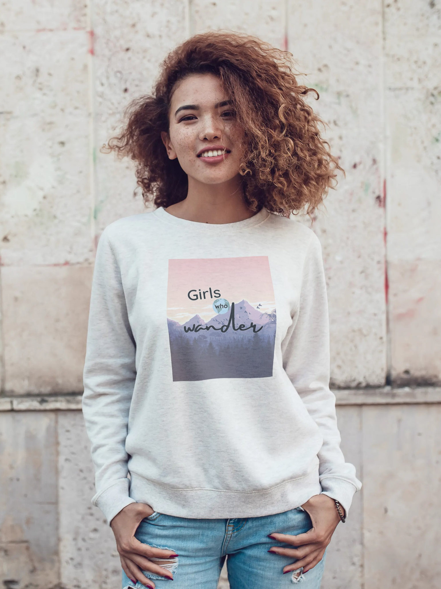girl wearing girls who wander sweatshirt