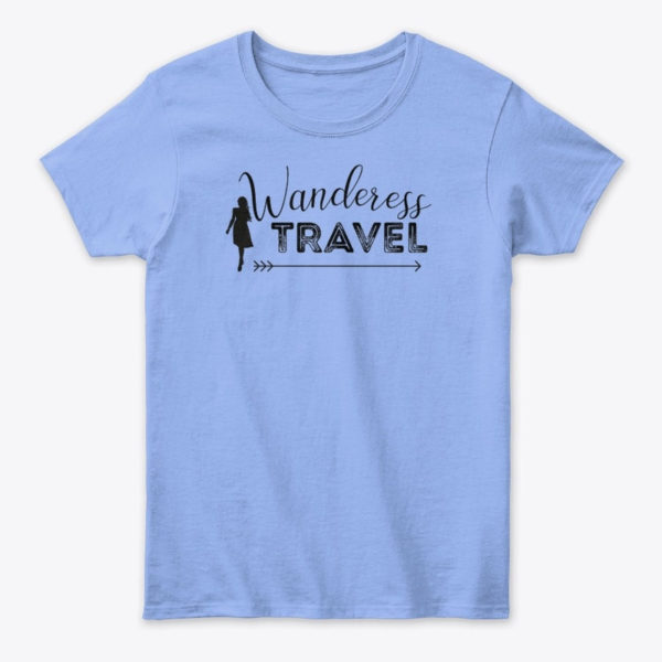 wanderess female travel t shirt blue